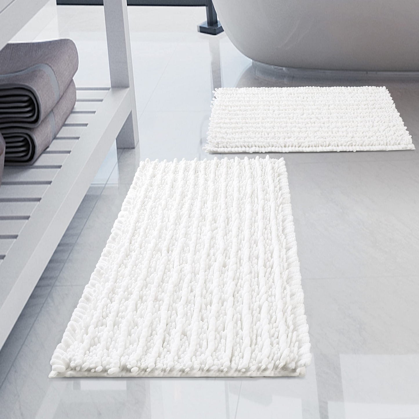 H.VERONNEX Luxury Chenille White Bathroom Rugs Sets 2 Piece, Thickened Hot Melt Rubber Bottom Bath Mats for Bathroom Non Slip,Bath Rugs Quick Dry Machine Washable for Shower Mat (32"x20"+17"x24")