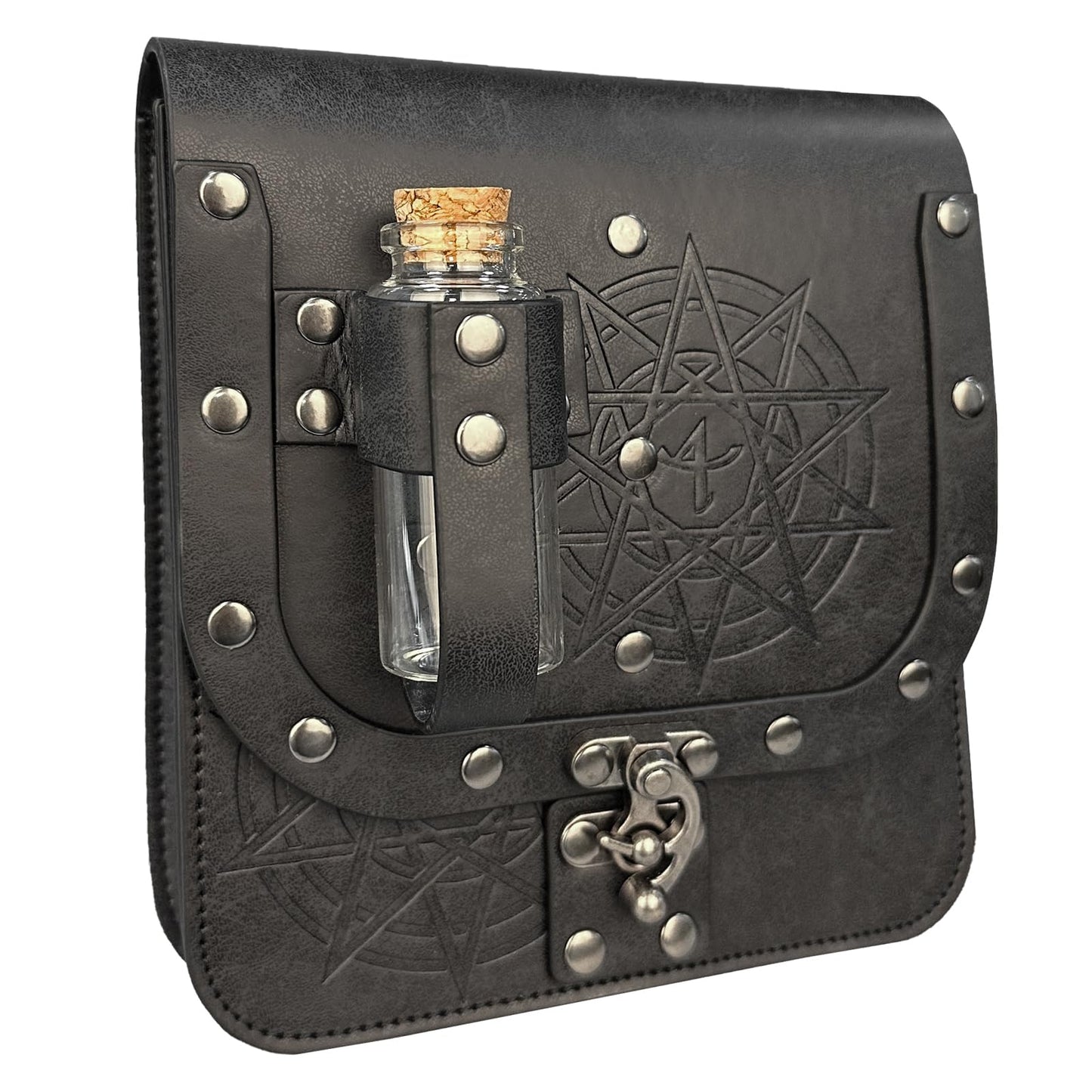 HiiFeuer Medieval Alchemy Faux Leather Belt Bag with Cork Potion Vials, Fantasy Wizard Waist Pouch Side Pack for Halloween (Black C)