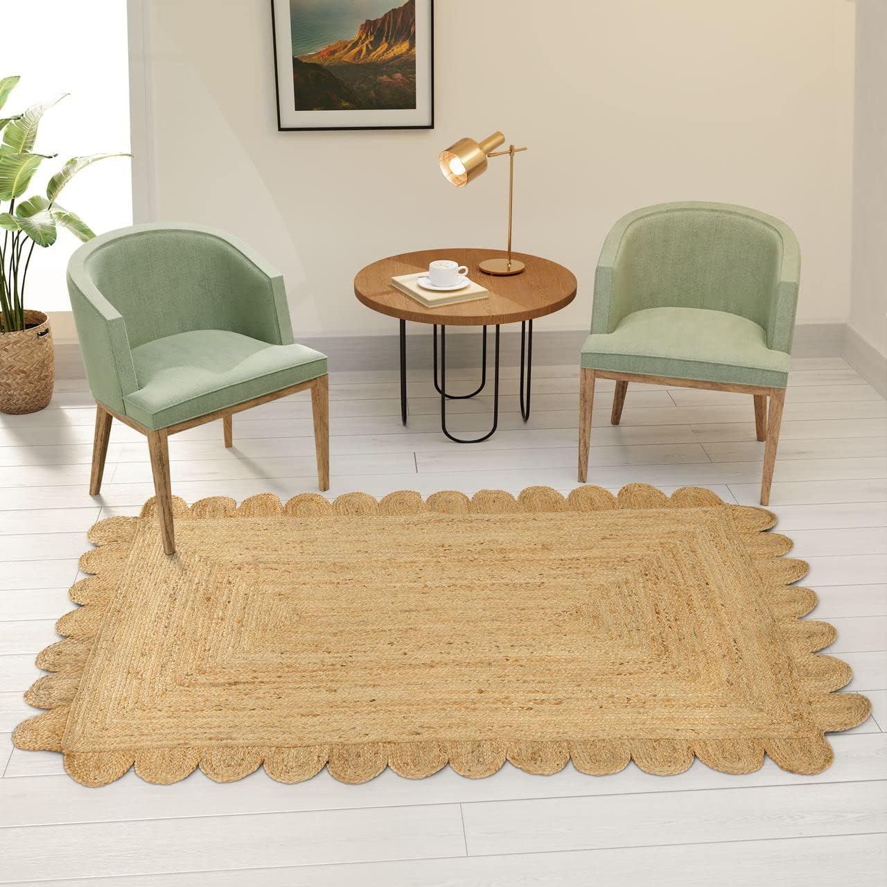 GRUHUM Scalloped Jute Area Rugs 6x9ft Rectangular Natural Fiber Handwoven Soft Braided Rustic Vintage EcoFriendly Rug- Farmhouse Indoor EcoFriendly Livingroom Bedroom Kitchen Hallways 6'x9' Ft