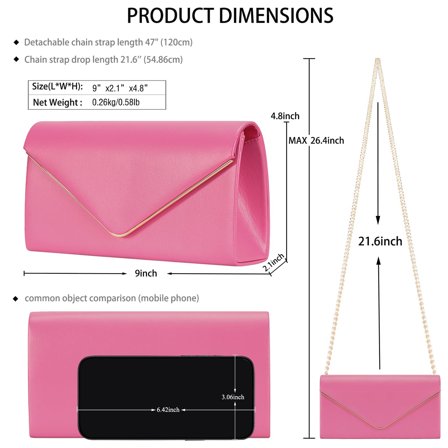 Vegan Leather Envelope Clutch Bag Classic Dressy Purse Foldover Evening Handbag Hot Pink