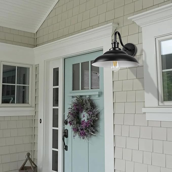 Outdoor Gooseneck Barn Light, 12'' Farmhouse Exterior Wall Mount Light, Outdoor Indoor Wall Sconce, Exterior Porch Lighting Fixture, Industrial Outside Black Lantern for Entryway Garage, 3 Pack