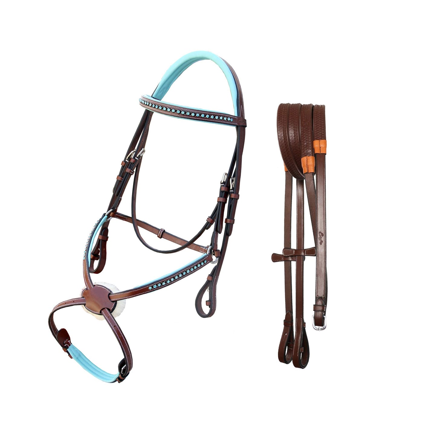Exion Blue Bling Browband and Figure 8 Noseband Horse Bridle with Blue Soft Lined Crown Piece and Rubber Reins | Royal Figure Eight Blue English Bridle.