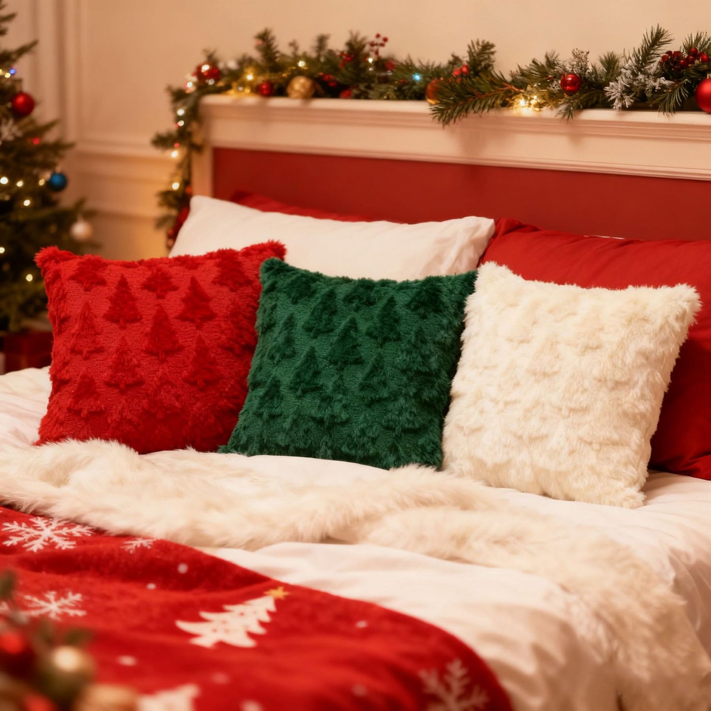 Octisys 3-Pack Christmas Tree Pillow Covers 18x18 Inch - Xmas Throw Pillow Cover Decorations - Soft Plush Cushion Case for Christmas Sofa Couch Bed Room Decoration - Winter Holiday Home Decor