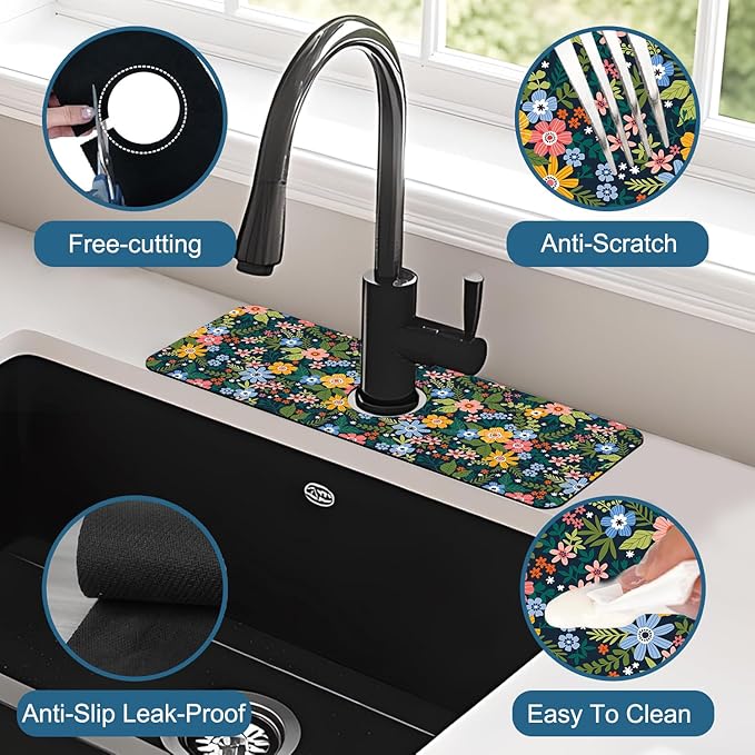 Colorful Flower Sink Splash Guard Faucet Mat Flowers Leaves Super Absorbent