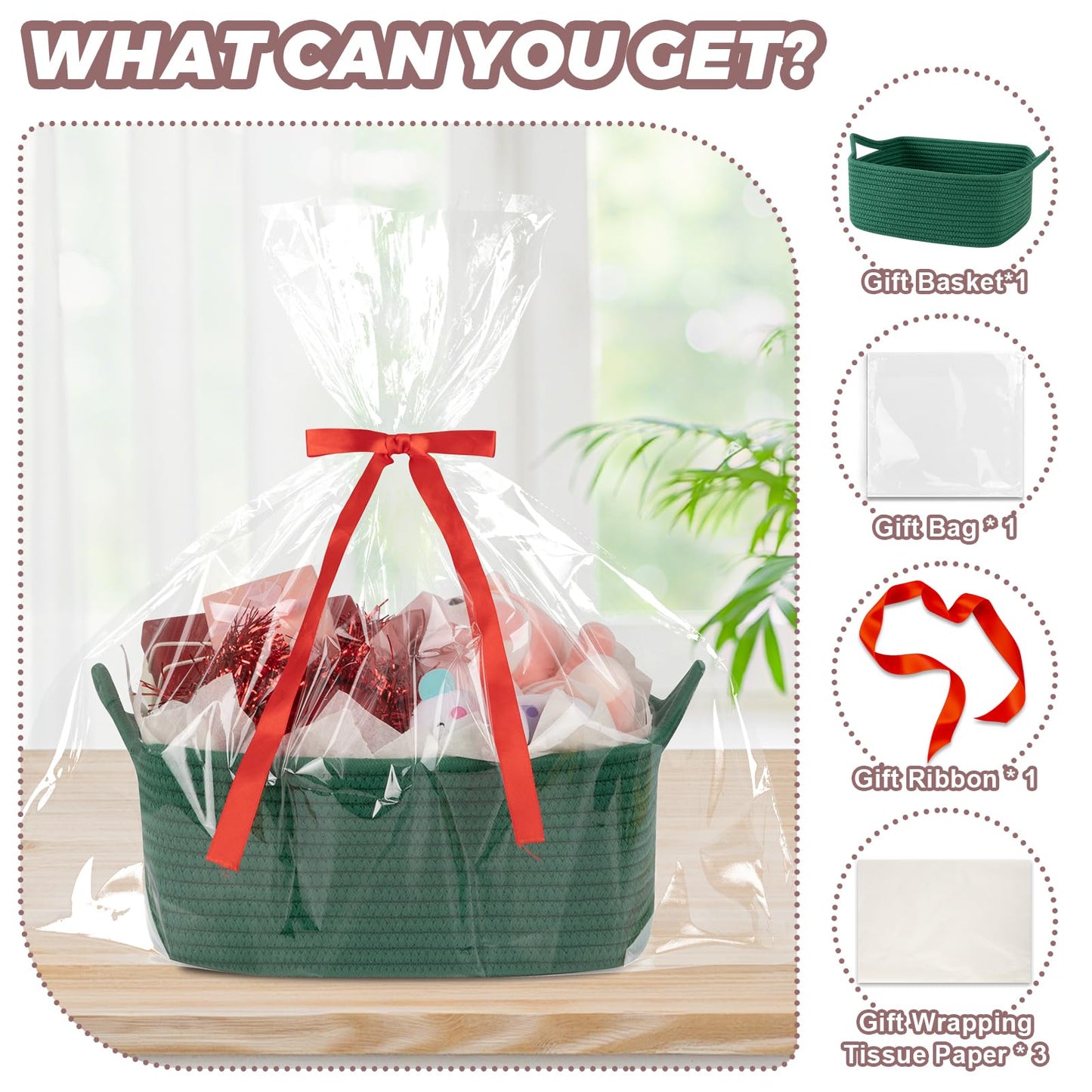 OIASKET Basket for Gifts Empty, Woven Storage Basket with Gift Bag, Ribbon and Wrap Tissue Paper, Small Rope Toy Storage with Handles for Christmas, Baby Shower, Dog Toy Organizer, 13.6" x 10" x 5.9”