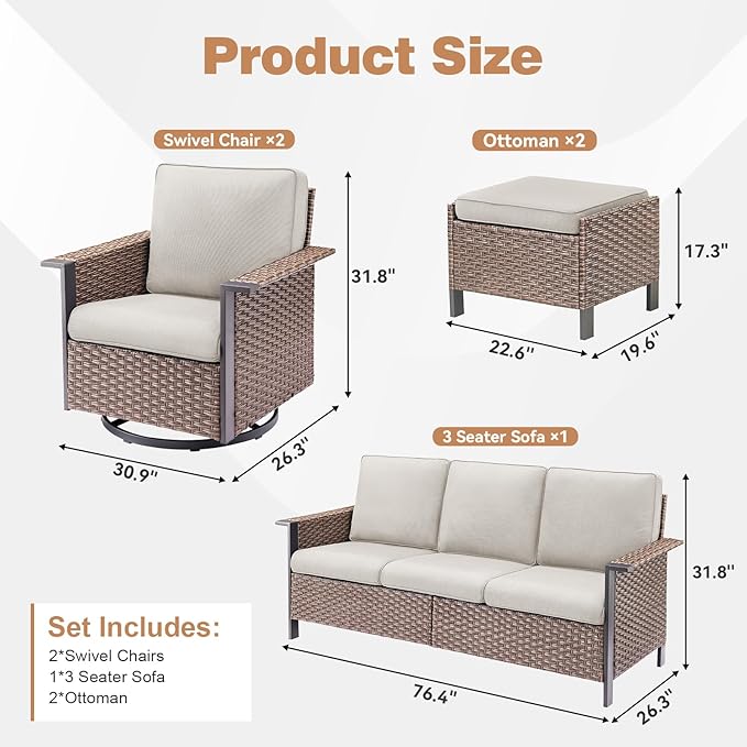 Outdoor Patio Furniture Set-5 Pieces All-Weather Wicker Patio Furniture with Outdoor Swivel Rocking Chairs Set of 2,Outdoor Patio Conversation Sets for Garden Porch Deck Brown/Beige