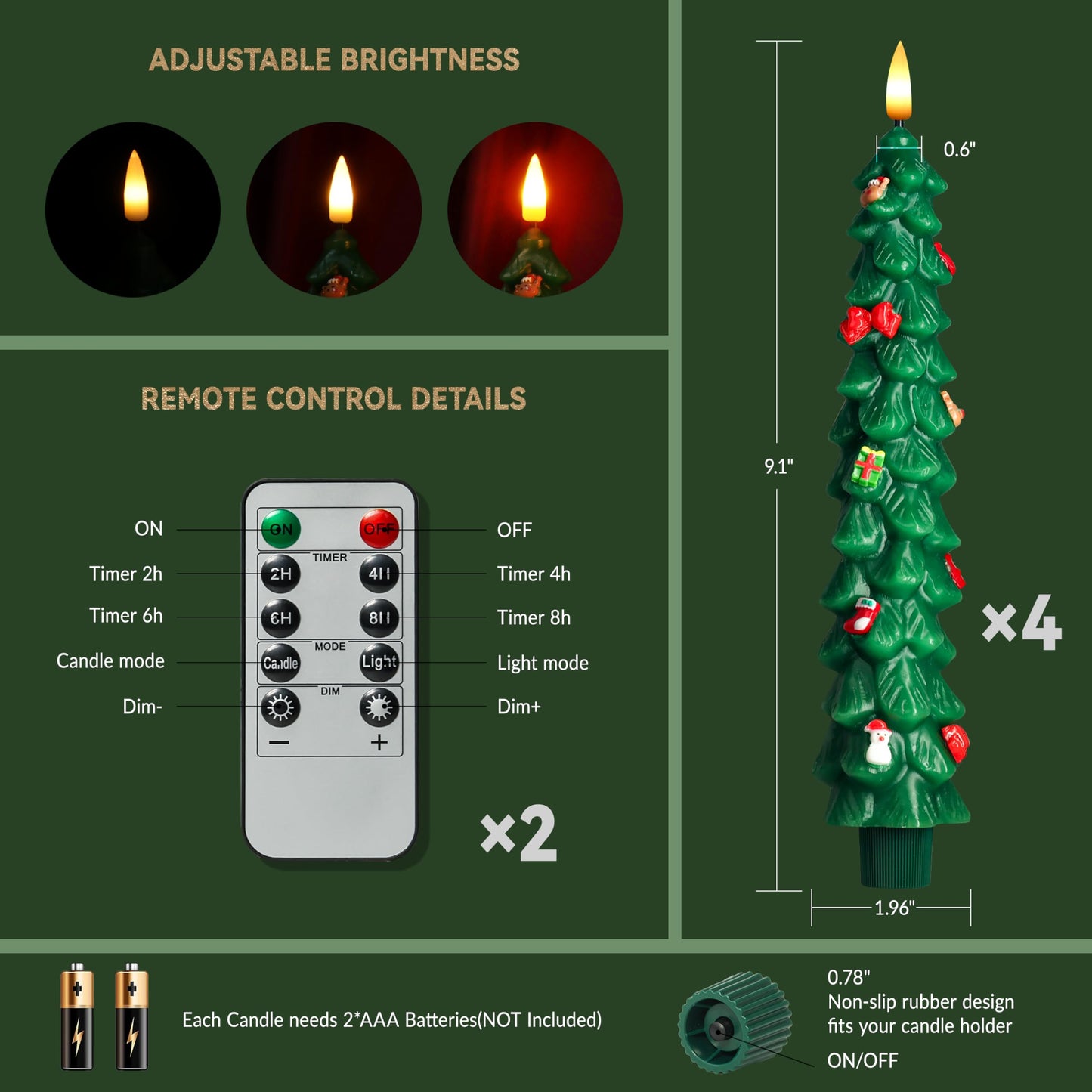 4Pcs Christmas Tree Flameless Taper Candles with Remote and Timer,LED Candles Battery Operated with Mini Ornaments,9.5" Real Wax Window Candlesticks with Flickering 3D Flame for Christmas Decoration