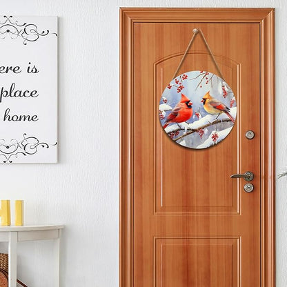 Winter Cardinal Bird Door Wreaths for Front Xmas Welcome Birds Wood Hanger Snowy Winter Branches Berry Door Sign Christmas Holiday Sign for Home Front Porch Wall Outdoor Outside 12in