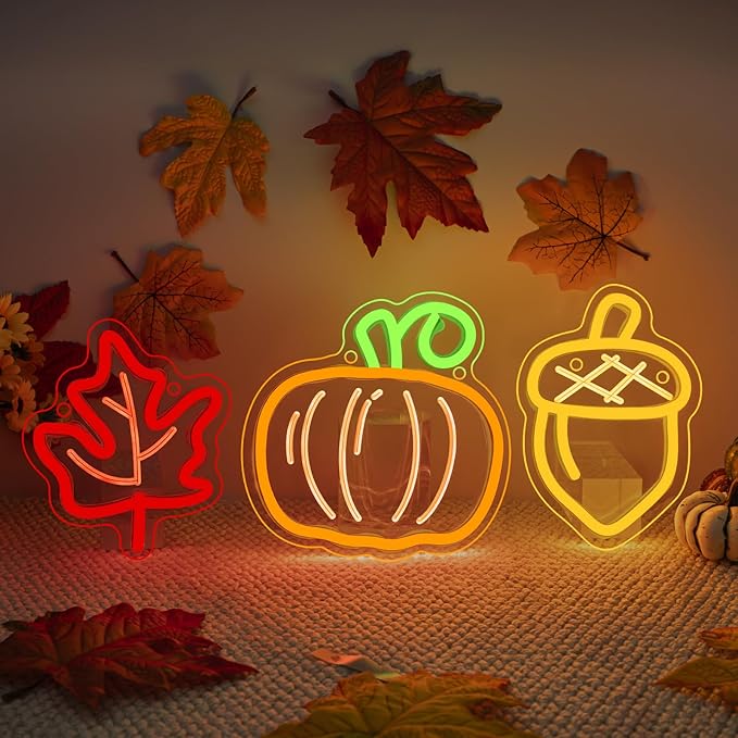 Cute Thanksgiving Harvest Neon Sign Acorn Maple Leaf Pumpkin LED Wall Lights Indoor Thanksgiving Neon Light USB Charged Fall Decor Ideas for Teen Room Men Cave in Fall Fest Party