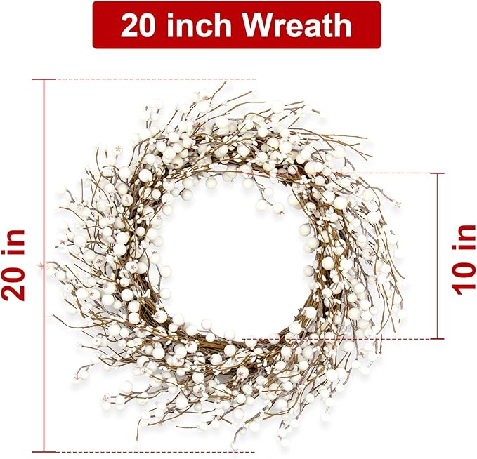 JINGHONG Winter Wreaths for Front Door 20 Inch Artificial Winter Wreath White Berry Wreath for Indoor Outdoor Window Wall Christmas and Winter Celebration