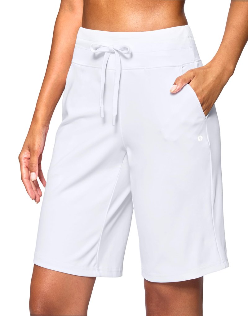 SANTINY Women's Bermuda Long Shorts with Pockets Drawstring High Waisted Athletic Knee Length Shorts for Women Workout