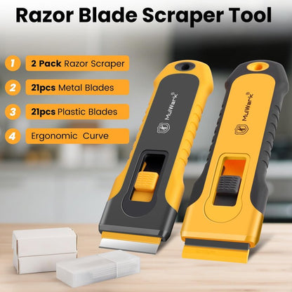MulWark Razor Blade Scraper, 2 Pack Razor Scraper Tool with Extra 42pcs Razor Blades, Glass scraper with Storage Function Cleaning Scraper Tool for Cooktop, Glass, Old Label, Decal Sticker