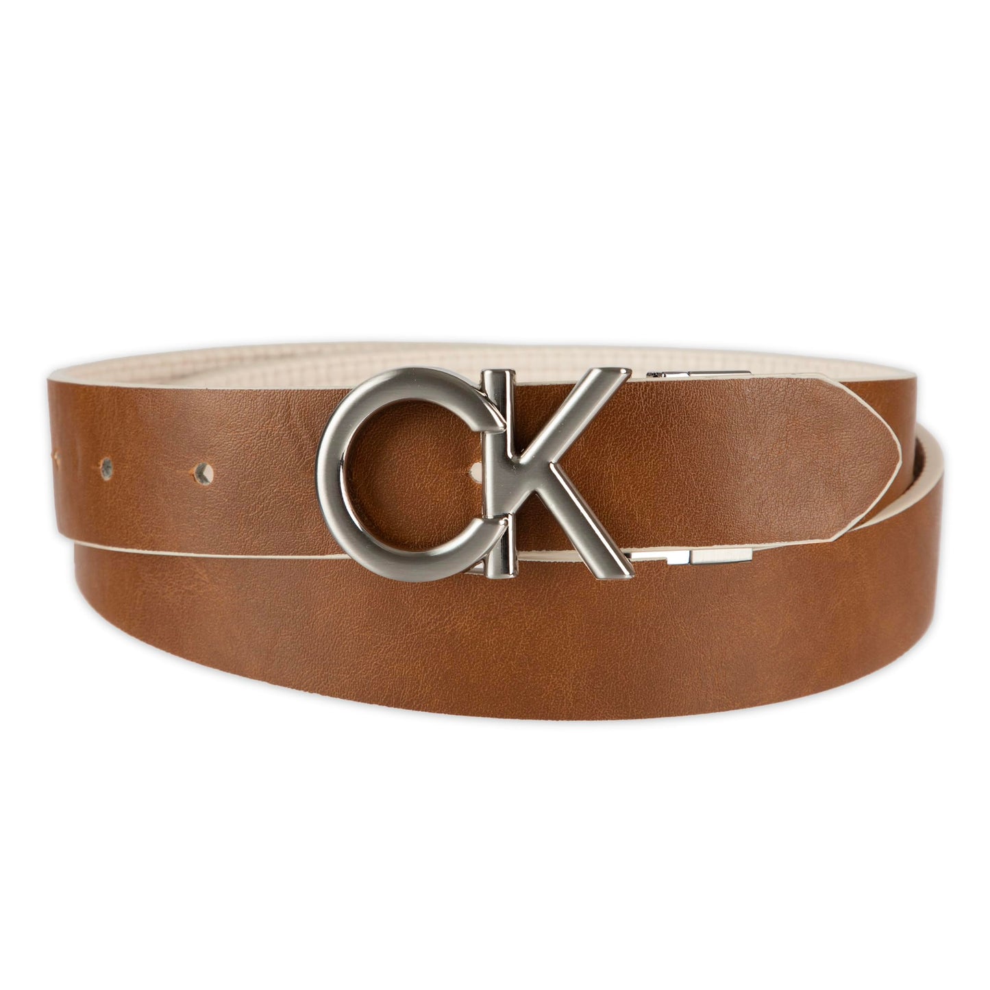 Calvin Klein Women's Puffed CK Logo Reversible Dress Belt, Bone/Tan, Medium