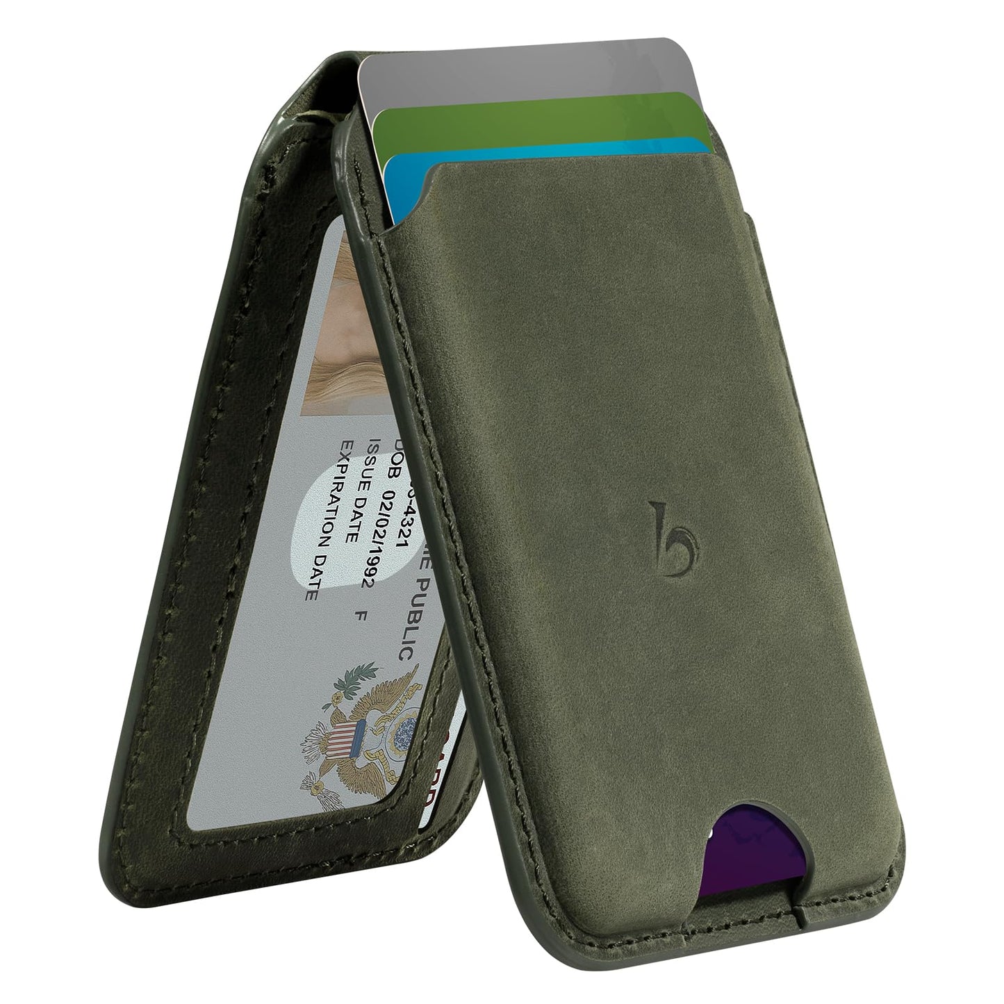 Belemay Strong Magnetic Wallet for MagSafe with Adjustable Stand, Crazy Horse Leather Card Holder, Up to 5 Cards, RFID Blocking, Slim for iPhone 17/16/15/14/13/12 Series Men & Women - Pine Green