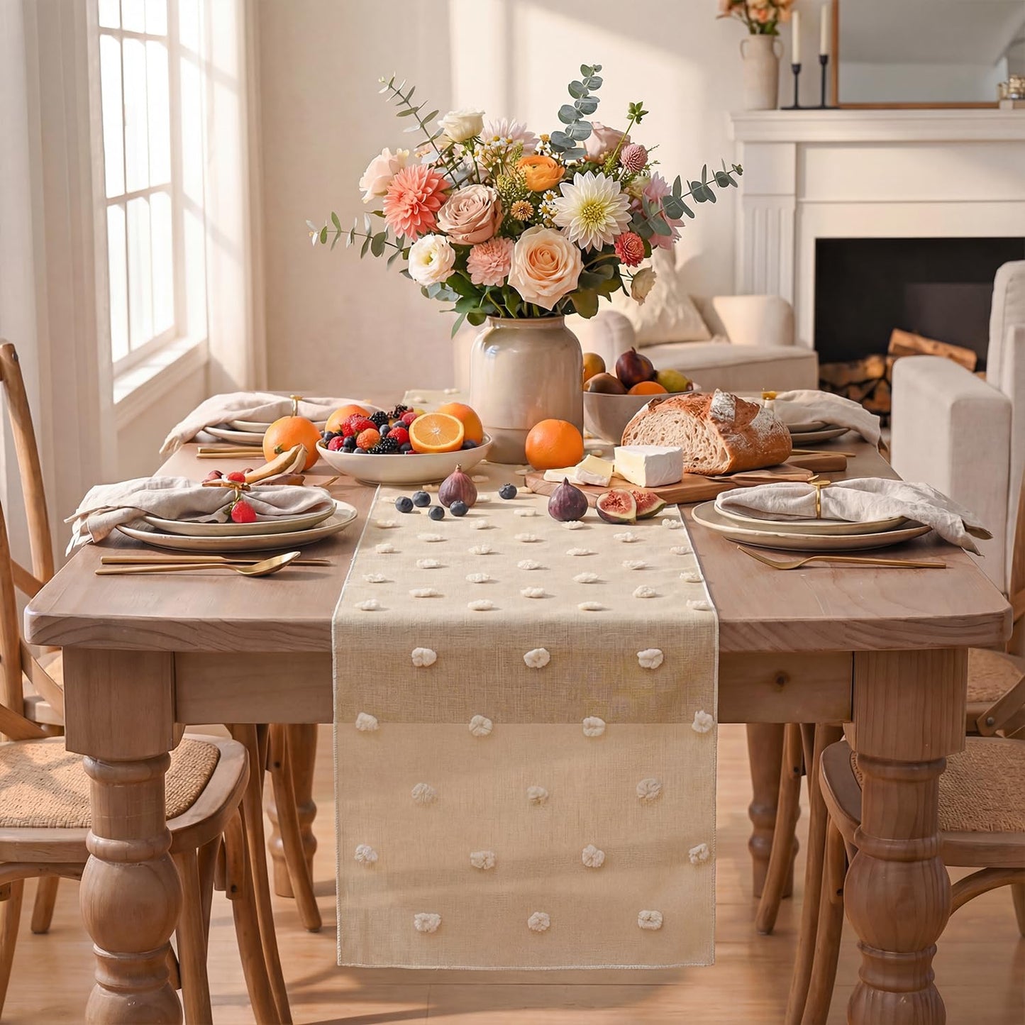 Artoid Mode Champagne Pom Pom Tulle Table Runner, Seasonal Washable Kitchen Dining Table Decoration for Home Party Decor 12x72 Inch