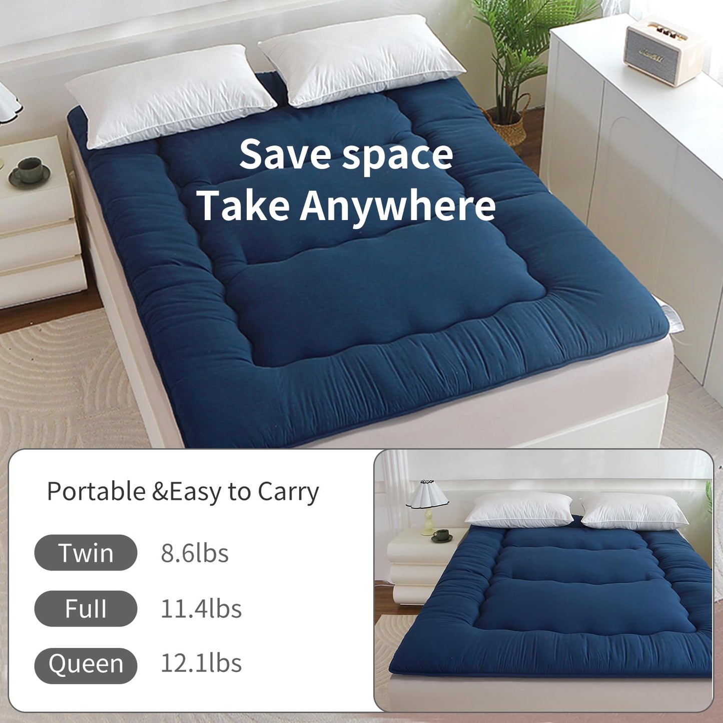 FISHDRU Futon Mattress, Japanese Floor Mattress,Japanese Floor Bed,Tatami Foldable Bed,Roll Up Sleeping Pad for Adults Guest Room Bedroom (Blue, Twin)
