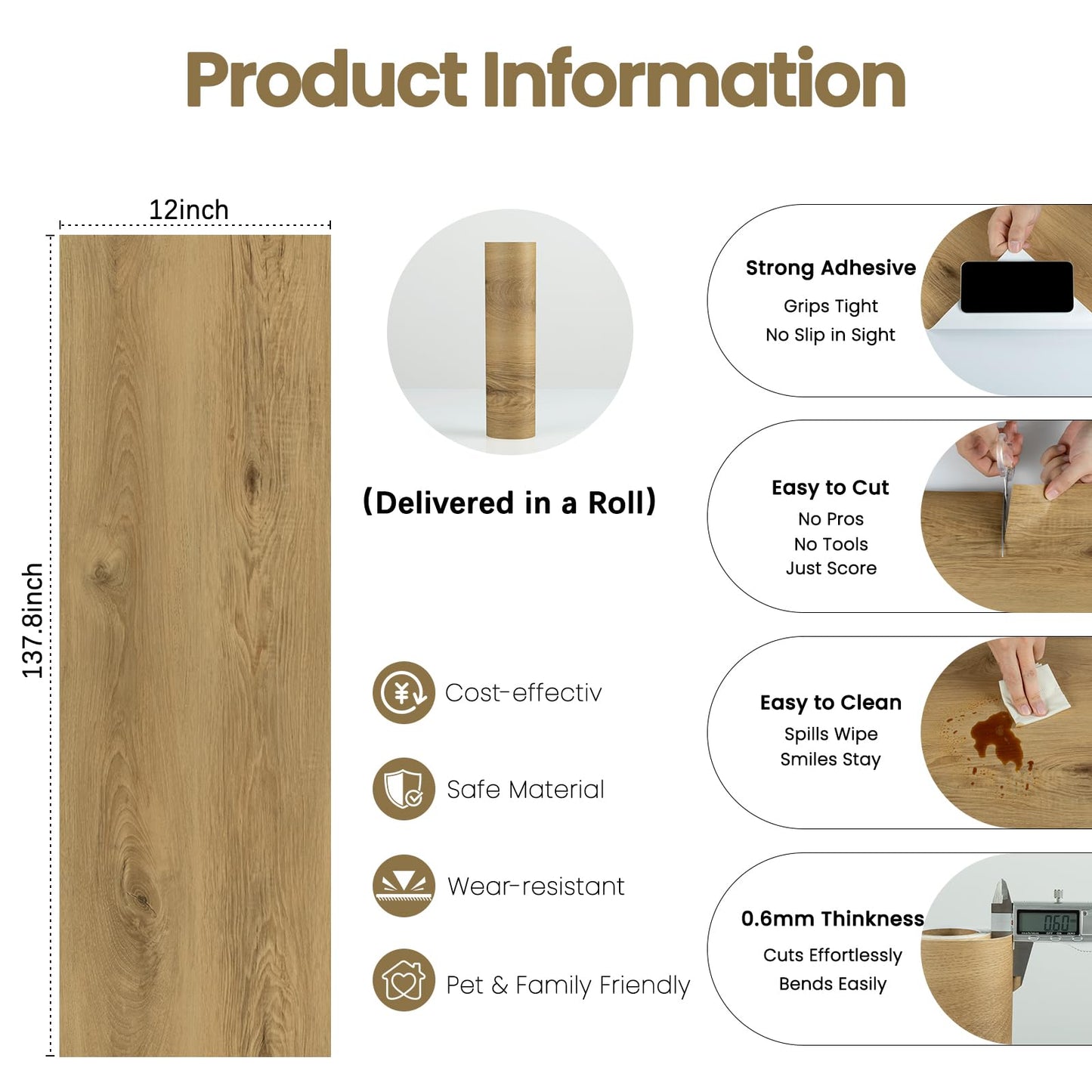 Dureidos Peel and Stick Floor Tile - Wood Vinyl Flooring Roll Waterproof for Kitchen and Bathroom - 11.8in X 137.8in Self Adhesive Floor Tiles Removable