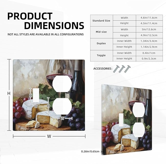 Decorative Art Light Switch Covers Wineglass & Artisanal Cheeses 2 Gang Single Toggle Duplex Combination Electrical Faceplate Switchplate Wall Plate for Home Decor