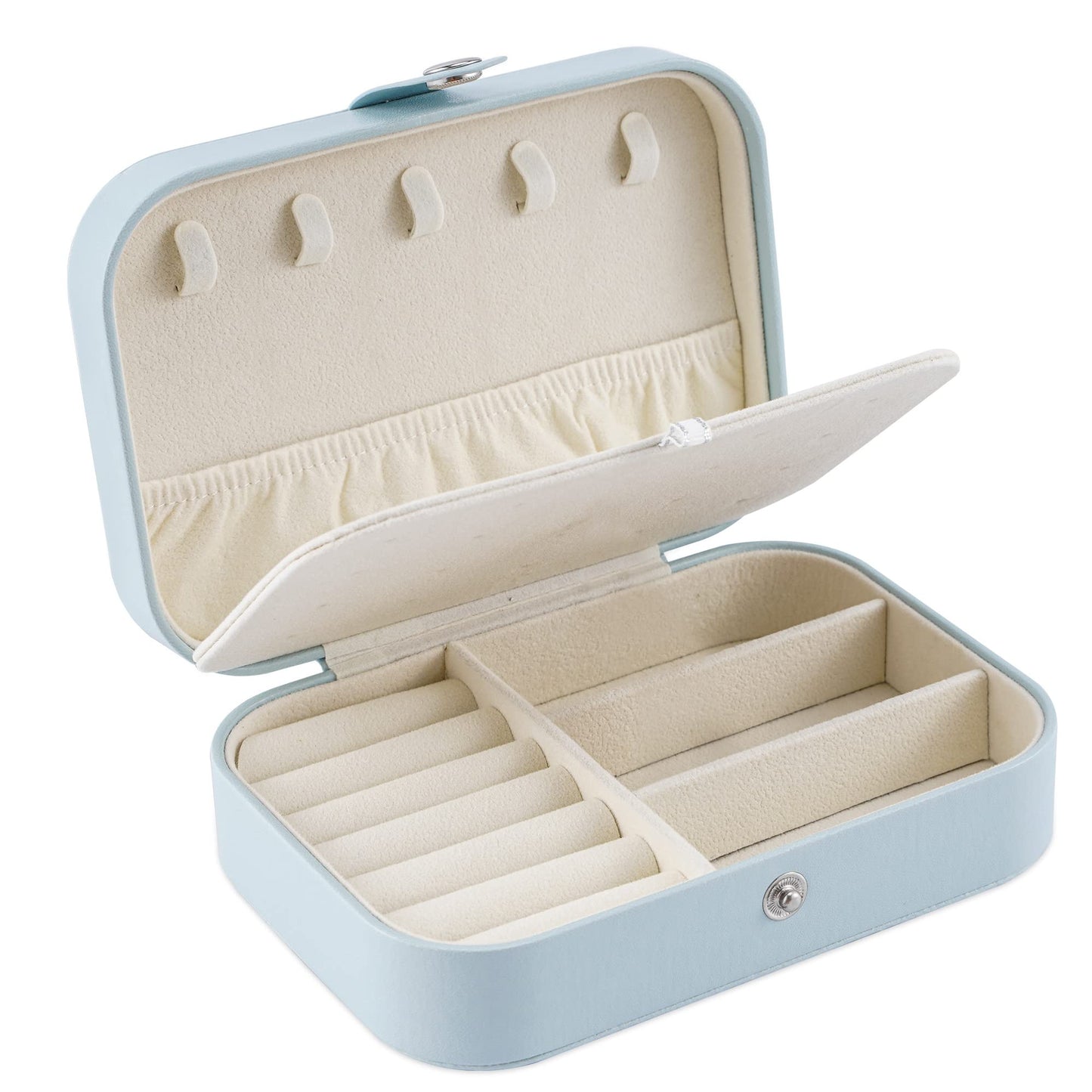 Neveika Travel Jewelry Box, PU Leather Small Jewelry Organizer for Women Girls, Double Layer Portable Mini Travel Case Display Storage Holder Boxes for Stud Earrings, Rings,Necklaces,Bracelets (blue)