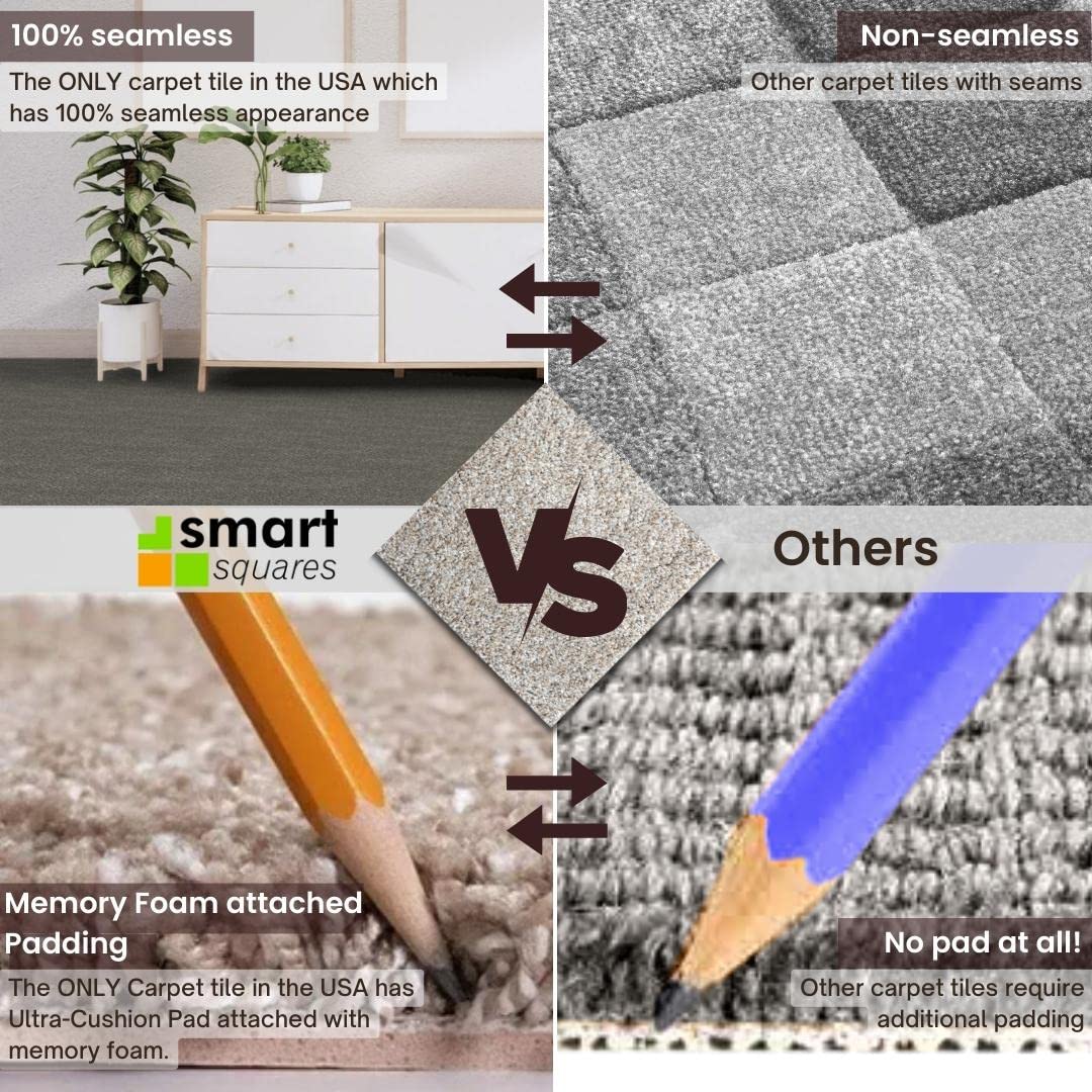 Smart Squares in A Snap Premium Plush Carpet Tiles, Made in USA – 18x18 Peel and Stick Floor Tiles with Attached Padding – Seamless DIY Carpet Squares (22.5 Sq Ft, 10 Pack, 783 Ironside)