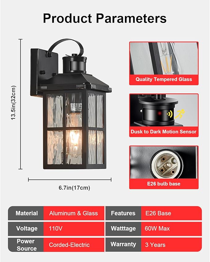 Motion Sensor Outdoor Lights Dusk to Dawn Porch Light Black Exterior Lighting Fixtures Modern Outside Wall Mount Coach Lamp for House Garage Patio Front Door