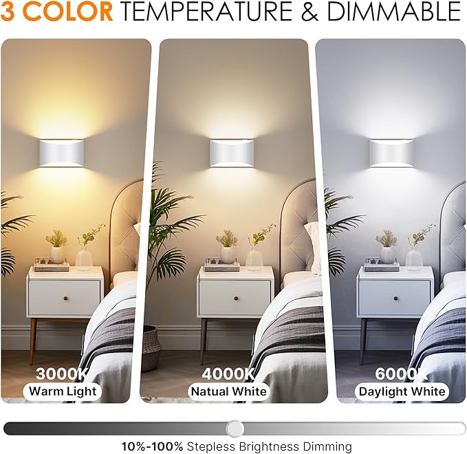 FOLKSMATE Battery Operated Wall Sconces Set of 2, White Rechargeable Wireless Remote & Touch Control Wall Lamps, 3 Color Temperatures, Cordless Dimmable Lamp for Bedroom, Living Room, Hallway
