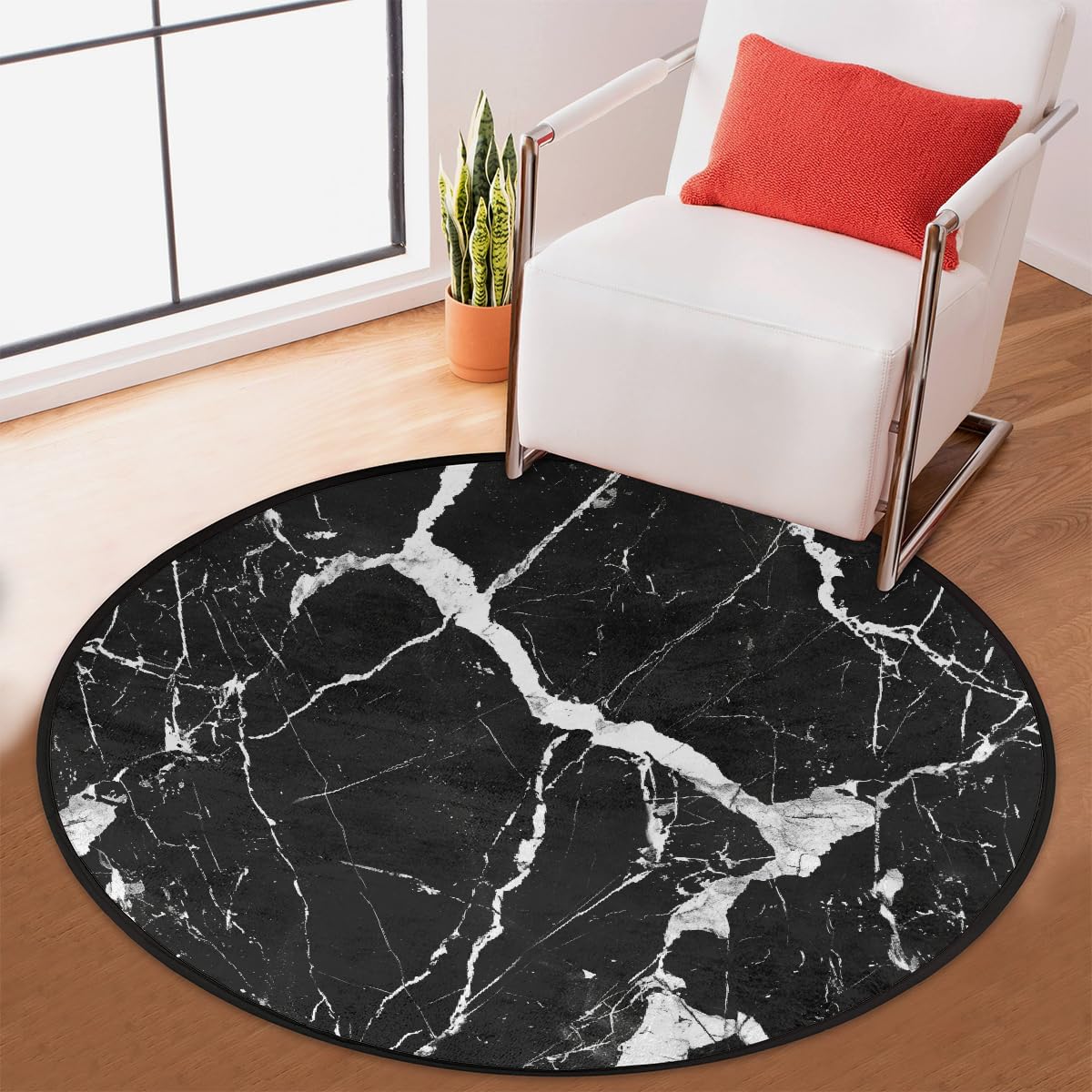 Black and White Marble Texture 63inch Round Indoor Rug, Washable Anti Slip, Room Decor Circle Carpet for Bedroom Living Room Pad