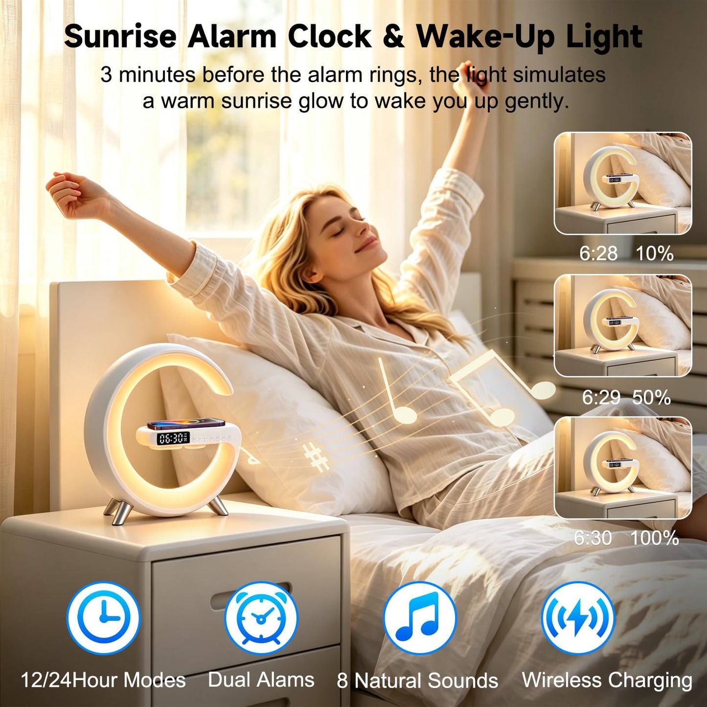 Smart LED Table Lamp with Bluetooth Speaker, Fast Wireless Charger, RGB Night Light, Sunrise Alarm Clock & App Control Bedside Atmosphere Lamp for Bedroom Office Home Decor, Teen Girls Boys Gifts