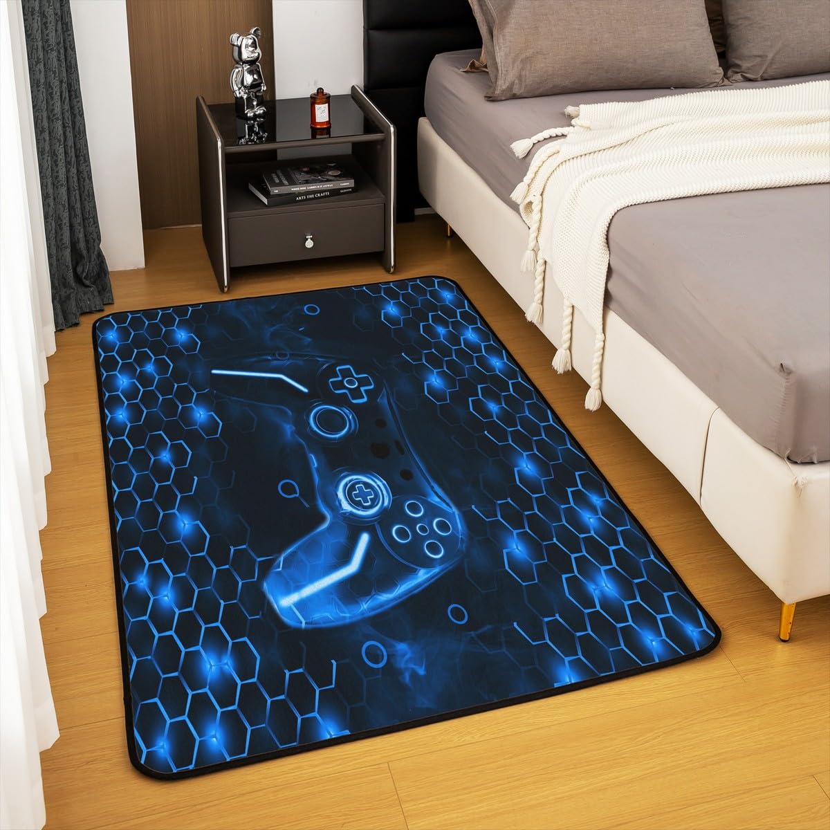 Feelyou Boys Gamer Rugs for Living Room Bedroom 3x5 Kids Gaming Honeycomb Area Rug Game Controller Decorative Carpet Set Hexagon Gaming Gifts Blue Indoor Floor Mat