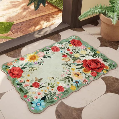Washable Entryway Small Area Rugs: Door Mat Indoor Entrance 2x3 Floral Rug Ultra Thin Stain Resistant Non Slip Low Pile Lightweight Carpet for Kitchen, Front Door Decor (Light Green)