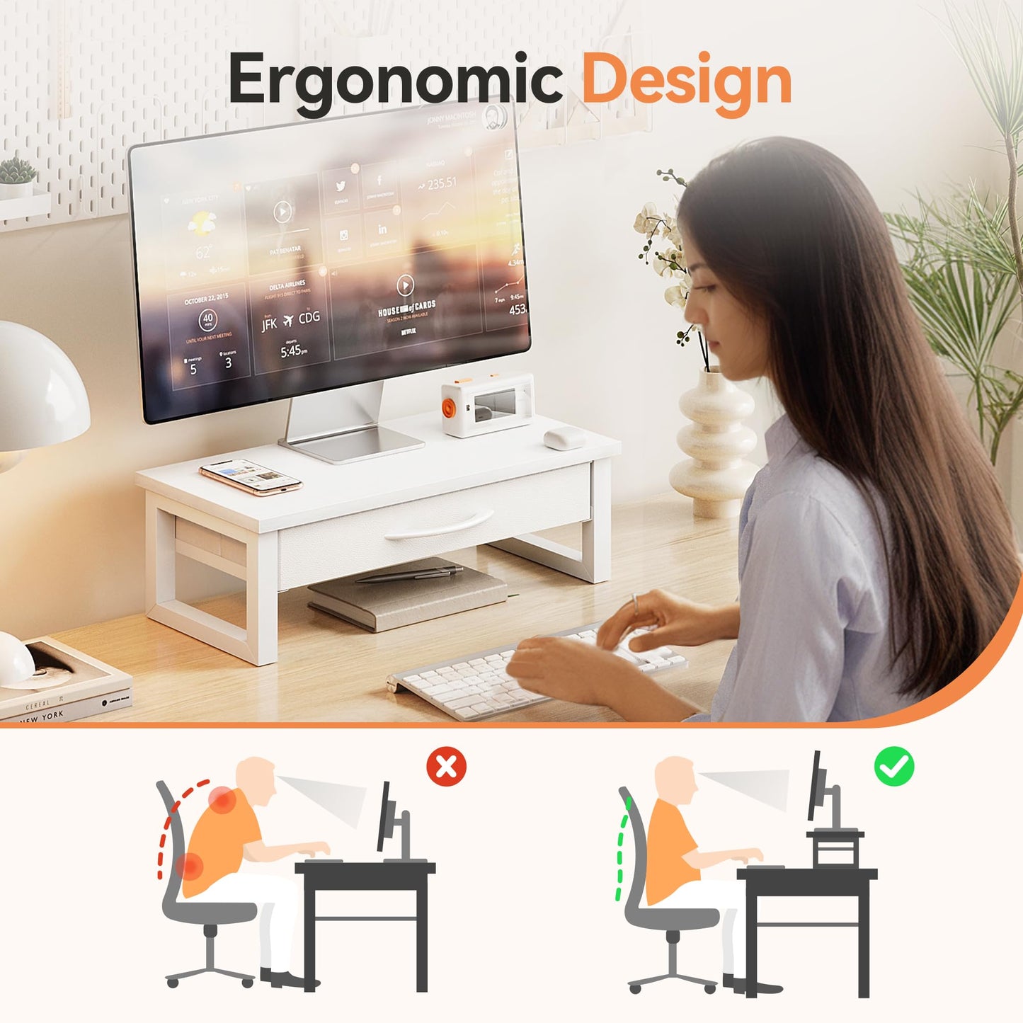 HEWORLIF Desk Organizers and Accessories, Computer Monitor Stand Riser with Drawer, White Laptop Stand for Desk with Storage, Office Organization, Wood