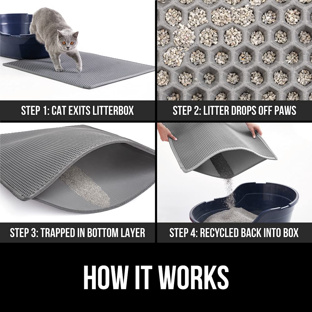 GORILLA GRIP Honeycomb Cat Litter Box Mat, Two Layer Trapping Waste Mats, Soft On Paws, Litter Box Supplies and Essentials for Indoor Cats, Traps Excess, Water Resistant for Floors, 24x15 Gray