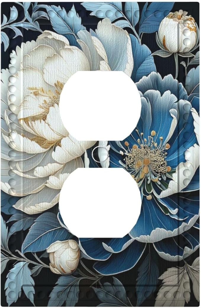 White Blue Flower Peonies Light Switch Cover 1 Gang Outlet Plate Single Duplex Wall Plate Covers Decorative Switchplate Covers Electrical Faceplate for Home Decor