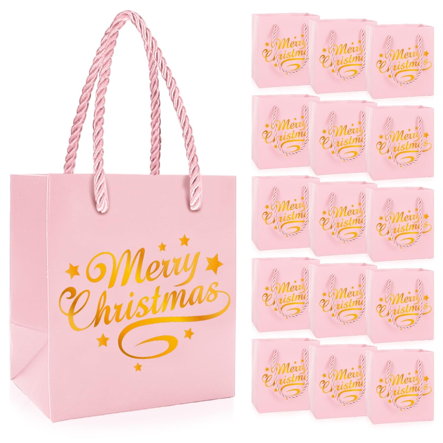 JarThenaAMCS 30Pcs Christmas Mini Gift Bags with Handle Gold Foil Pink Merry Christmas Party Favor Bags Xmas Paper Treat Bag for Holiday Wedding Baby Shower Birthday Party Supplies