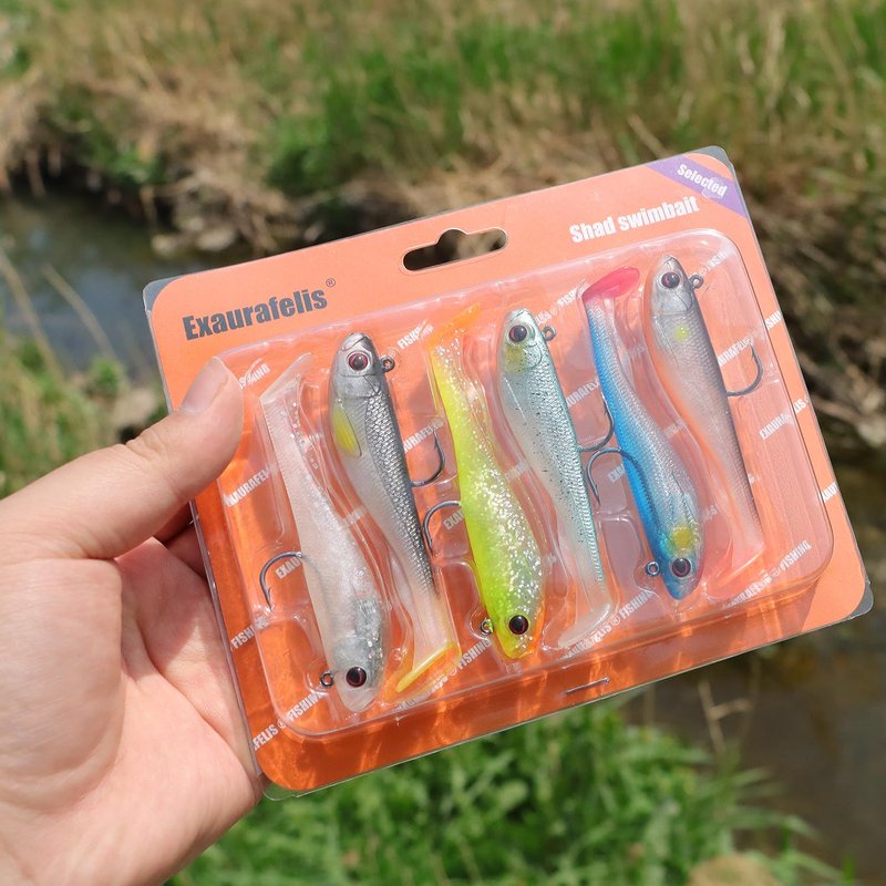 EXAURAFELIS 6Pcs Pre-Rigged Paddle Tail Swimbaits, Soft Shadtale Lures with Jig Heads, Vibrating Sinking Lures for Bass, Trout, Walleye, Pike, Muskie, Crappie, Freshwater & Saltwater Jigging Bait