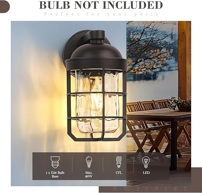 Emliviar Rustic Outdoor Wall Lanterns 2Pcs, Exterior Nautical Wall Sconce, Outside Wall Lamps with Water Ripple Glass in Oil Rubbed Bronze Finish, GE255BL-2PK ORB-WG