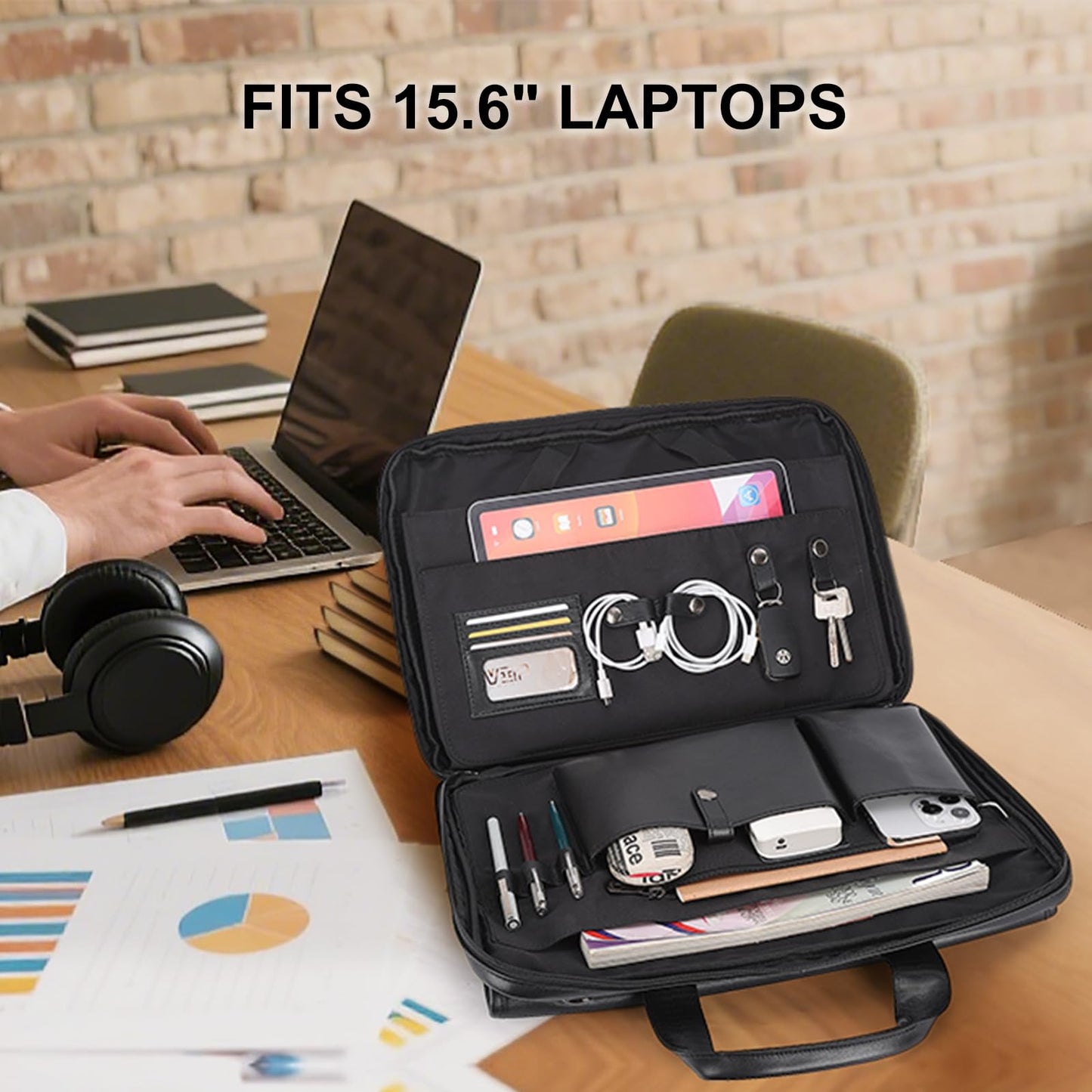 Masa Kawa Leather Briefcase for Men Slim 15.6" Laptop Bag Waterproof Crossbody Shoulder Messenger Computer Attache Case for Business Work, Black
