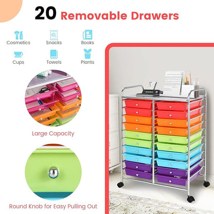 COSTWAY 20-Drawer Rolling Storage Cart, Utility Storage Organizer Cart for Tools, Scrapbook, Paper, Craft, Multipurpose Storage Trolley on Wheels for Home Office School (Multicolor)