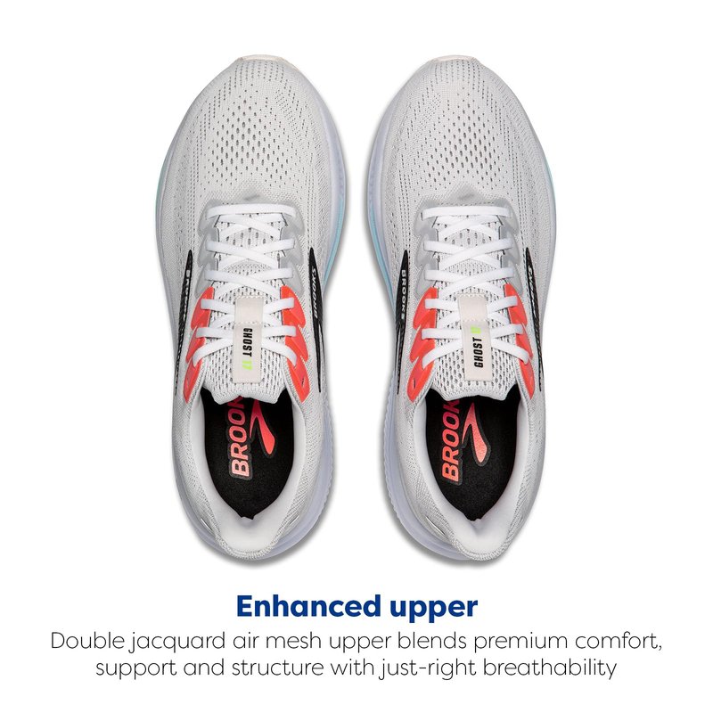 Brooks Men’s Ghost 17 Neutral Running Shoe - White/Pink Clay/Gecko - 7.5 Wide