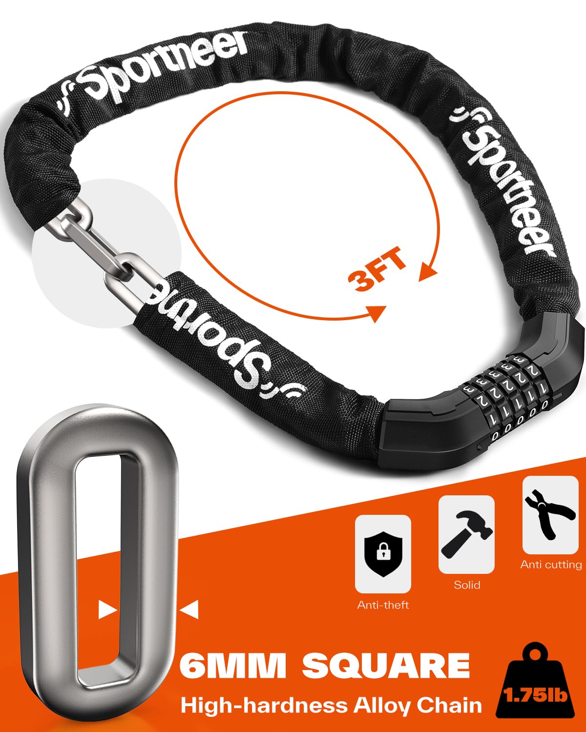 Sportneer Bike Chain Lock: 5-Digit Resettable Combination Heavy Duty Anti-Theft Square Link 3.2ft Bicycle Lock for Bike, Motorcycle, Scooter, Door & Gate - 6mm Thick, Easy to Use