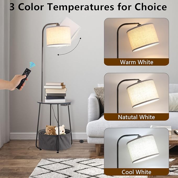 Floor Lamp with Cat Bed and Charging Station, Adjustable Lampshade, 3 Color Temperatures, Remote & Foot Switch Control, Standing Lamp with USB & AC Outlets for Living Room Bedroom, Gray