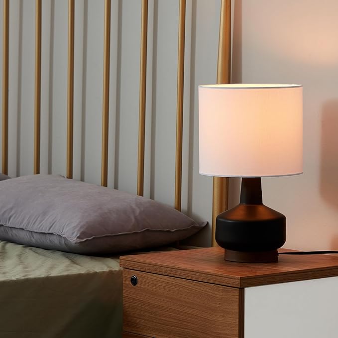 GLOBE Electric 61000046 15" Ceramic Table Lamp, Matte Black, Wood Toned Base, White Linen Shade, Dual Rotary Switch on Socket, Modern Lighting for Bedroom or Office, Home Décor, Lights for Nightstand