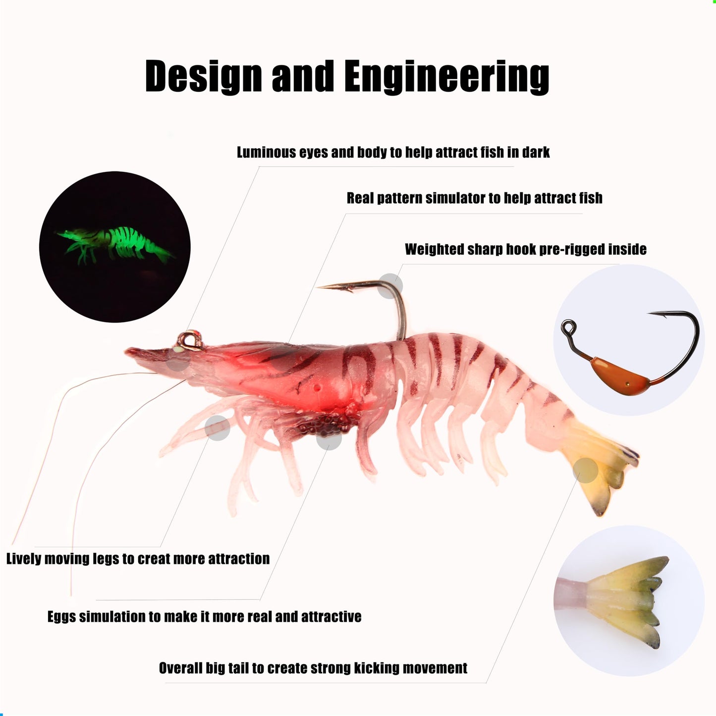 EXAURAFELIS 3pcs Fishing Lures Shrimps baits Pre-Rigged Fish Jigs - Soft Lure Bass Trout Lifelike Shrimp Crayfish Swimbait