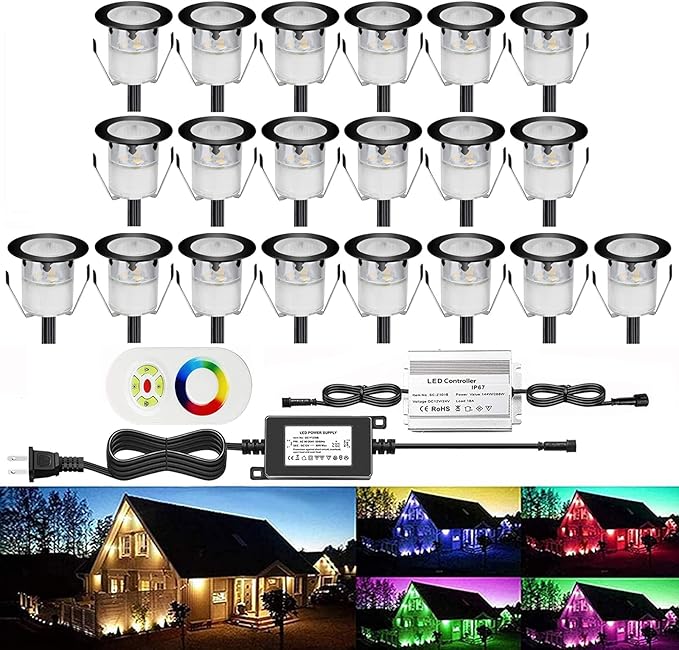 Low Voltage LED Deck Light Kit Multi-Color RGB Waterproof Recessed Wood Decking Stairs Garden Yard Patio Decor Lamp Black Border Outdoor LED Landscape Lighting (Black Border, 20pcs)