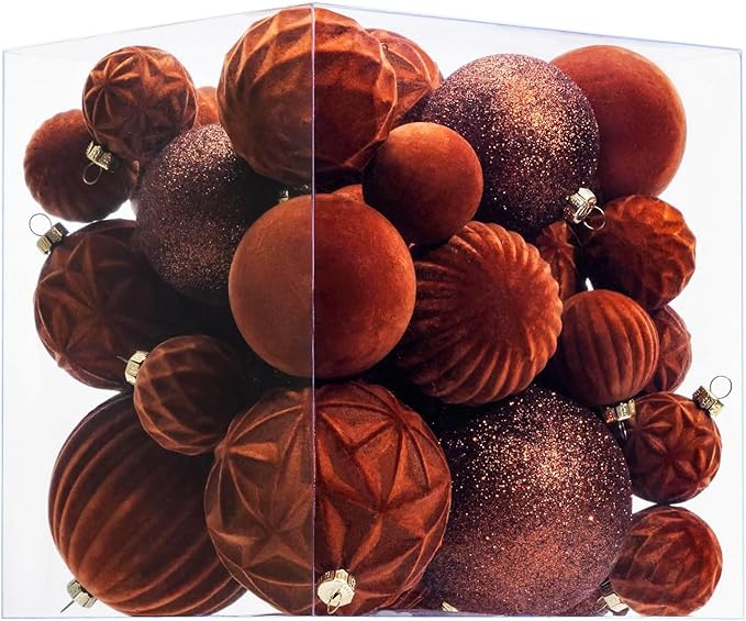 36Pcs Shatterproof Velvet Brown Christmas Ball Ornaments Set - 5 Styles in 3 Sizes (Small Medium Large) for Xmas Tree Decor, 2025 Festive Holiday Christmas Tree Decorations