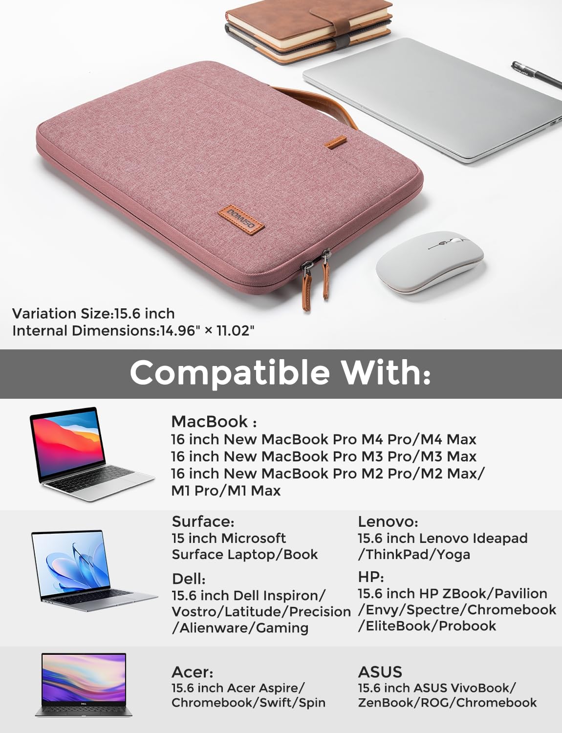 DOMISO 15.6 inch Laptop Case Sleeve Protective Cover Compatible with 16 inch MacBook Pro M4 M3 M2/Pro Max,15.6-16 inch HP Dell ASUS Lenovo Chromebook,Waterproof Computer Cases Bag with Handle,Pink
