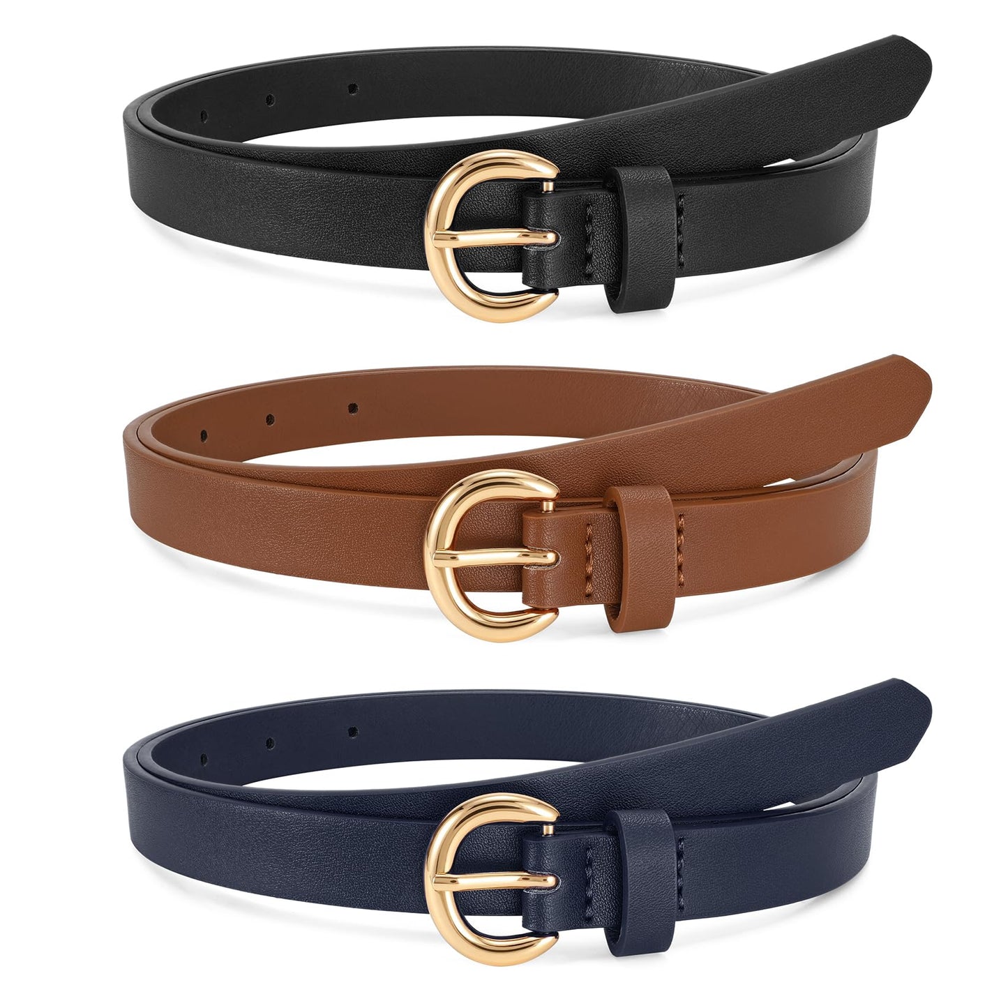 WERFORU 3 Pack Women Skinny Belt Thin Waist Belt for Women Leather Belt with Gold Buckle for Jeans Pants Dress 0.74" Width,Black+Brown+Navy blue,Fit Waist Size 37"-41"