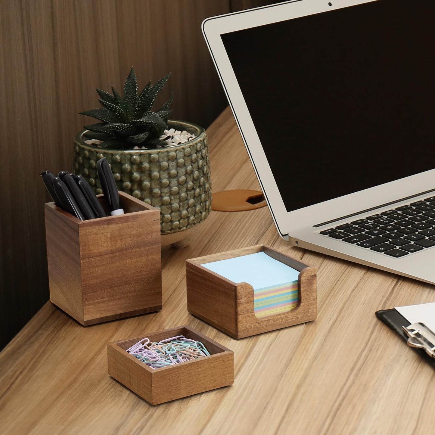 CMLKLZD Desk Organizer Set of 3 - Acacia Wood Office Desk Accessories - Desk Organizers and Accessories for Women Men - Set incl. Pencil Pen Holder, Paperclip Storage and Sticky Note Holder