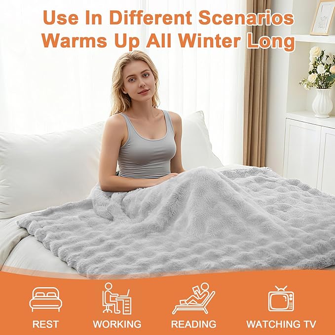 Heated Blanket Electric Throw Blanket 50''X 60''-Heating Blanket with 6 Heat Settings-4 Hours Auto Off,Cozy Faux Rabbit Fur Bubble Electric Blanket,Light Gray