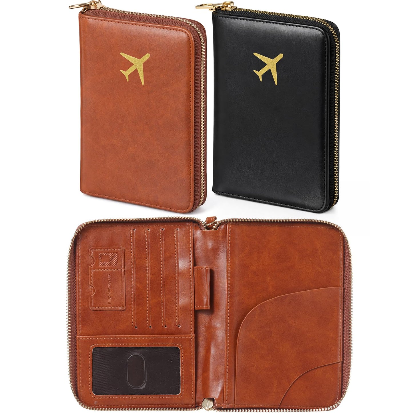 SilTriangle 2 Pcs Leather Passport Holder Cover for Travel with Safe Zipper Closure, Premium Passport Wallet Waterproof Rfid Blocking Card Case for Travel Family Women Men(Black,Brown)